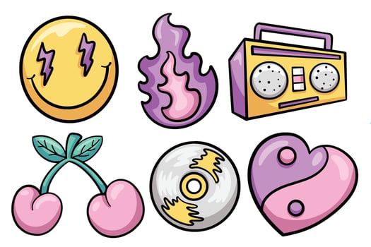 Set of Hand drawn cartoon y2k element. collection of smile face, fire, radio, cherry, cd, yin yang love Isolated vector