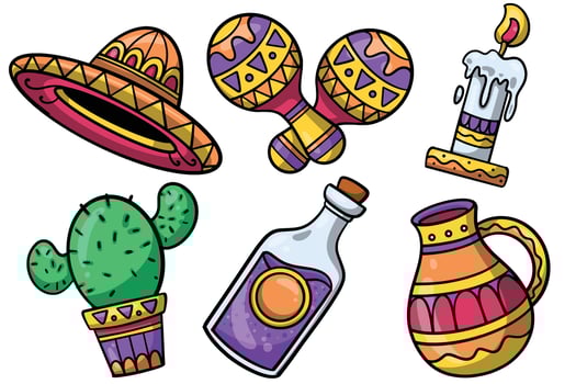 Set of Hand drawn dia de los muertos element. collection of Mexican Hat, maracas, candle, cactus, beer, pot Isolated vector
