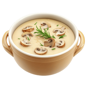 Delicious creamy mushroom soup served in a rustic bowl, garnished with fresh herbs. png