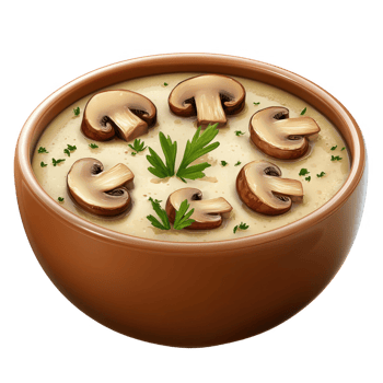 Delicious creamy mushroom soup served in a rustic bowl, garnished with fresh herbs. png