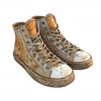 Worn and dirty sneakers showcasing urban life and style in casual settings. png