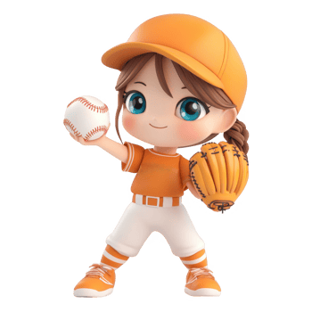 Cute cartoon character girl in orange baseball uniform ready to play. png