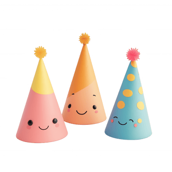 Colorful party hats with cheerful faces for festive celebrations and gatherings. png