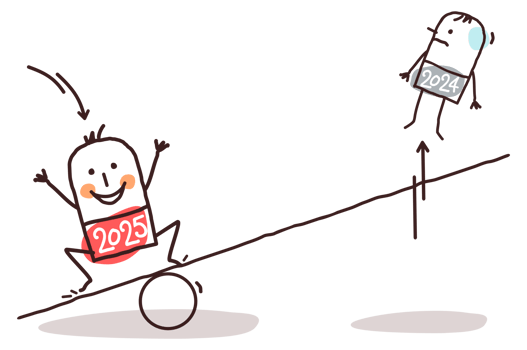 Cartoon 2025 man Jumping on a teeter board, and bumping Off a 2024 Guy png