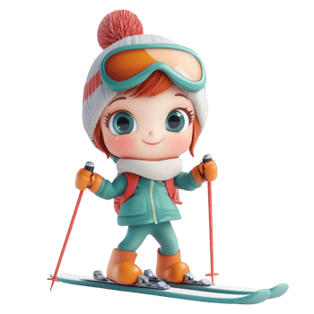 Cute cartoon character skiing, wearing winter gear, ready for snowy adventures. png