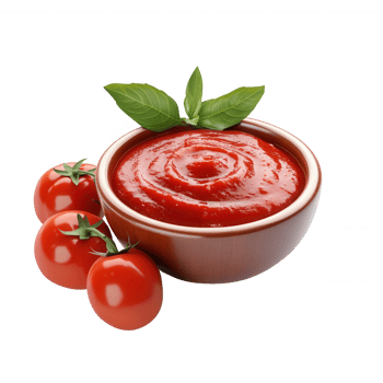 Fresh tomato sauce served in a bowl with ripe tomatoes and basil leaves. png
