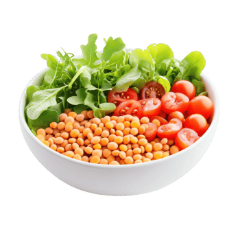 Fresh salad with greens, tomatoes, and chickpeas in a white bowl. png