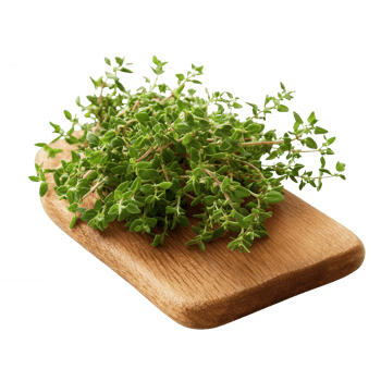 Fresh thyme sprigs displayed on a wooden cutting board for culinary use. png