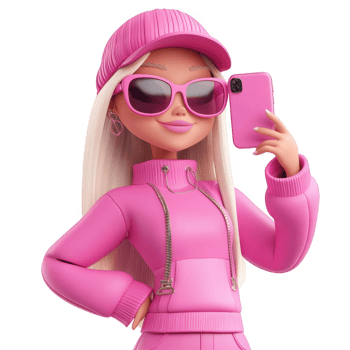 Trendy character in pink outfit enjoying a selfie moment with smartphone. png