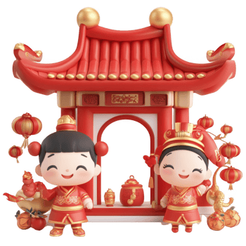 Festive figurines celebrating tradition in a vibrant Chinese setting. png