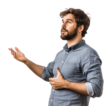 Confident young man presenting ideas in a professional setting with enthusiasm. png