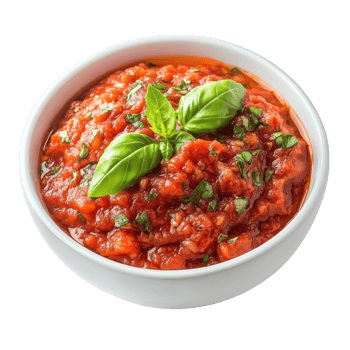 Fresh homemade tomato sauce garnished with basil in a white bowl. png