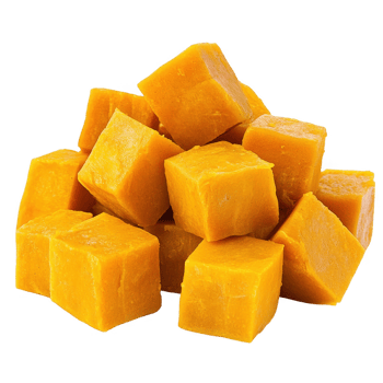 Fresh, vibrant mango cubes stacked attractively on a white background. png