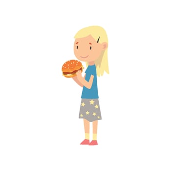 Cute Blonde Girl Eating Hamburger, Child Enjoying Eating of Fast Food Illustration vector