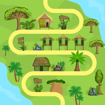 Map of Tropical Island with Bungalows, Top view, Summer Travel, Beach Resort Illustration vector