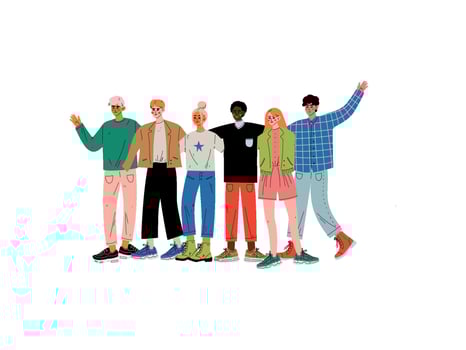 Group of People Hugging, Young Men and Women of Different Nationalities Standing Together Celebrating Event Illustration vector