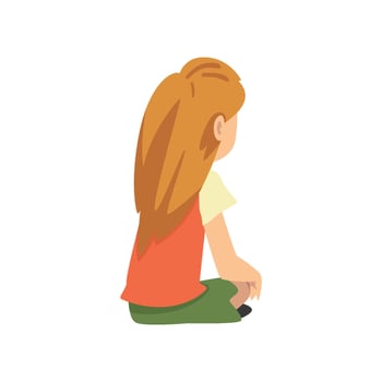 Cute Girl with Long Hair Sitting on Floor, Little Preschool Kid Character Illustration vector