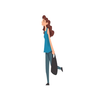 Young Woman Walking with Shopping Bag, Female Market Shopper Illustration vector