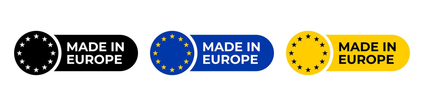 Made in Europe label. Made in Europe product emblem, sign, symbol, badge or seal. European Union quality standards tag, stamp an sticker. CE mark pictogram for product packaging. EU quality icon. vector