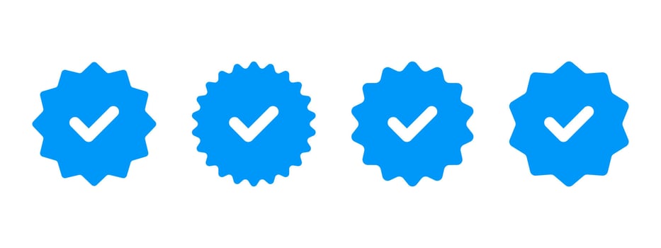 Blue checkmark starburst icon set. Verification label illustration. Approved quality mark symbol. Correct badge, stamp and sticker. Guarantee certificate emblem. Certified checkmark sign. vector