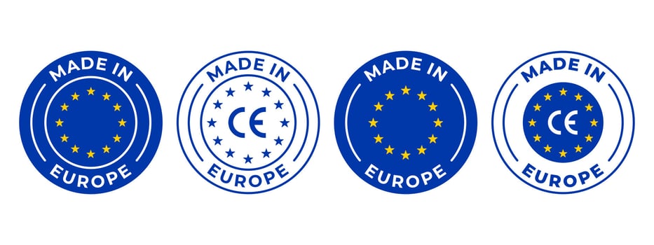 Made in EU label icon set. Made in Europe product emblem, sign, symbol, badge or seal. European Union quality standards tag, stamp an sticker. CE mark pictogram for product packaging. EU quality check vector