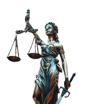 Lady justice statue, a symbol of law and fairness, holding scales and a sword, isolated on transparent background png