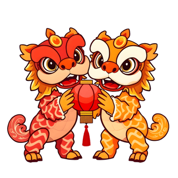 Cartoon Red And Yellow Chinese Lion Dance Holding A Lantern png