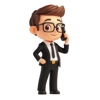 A cheerful cartoon businessman speaking on the phone in a suit. png