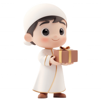 A happy young boy in traditional attire holding a beautifully wrapped gift. png