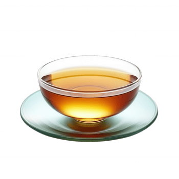 A clear cup filled with aromatic tea, resting on a delicate saucer. png