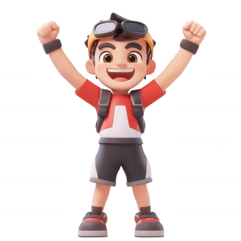A cheerful cartoon boy celebrating with raised hands and energetic expression. png