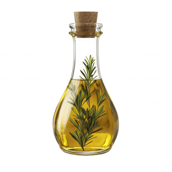 A stylish glass bottle filled with aromatic rosemary-infused olive oil. png
