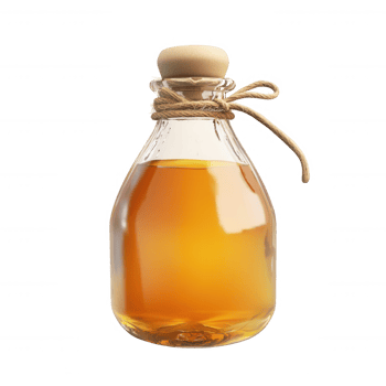 Aesthetic glass bottle filled with natural golden liquid, styled with a rustic cork top. png