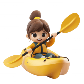 A cheerful character paddling in a bright yellow kayak on a vibrant waterway. png