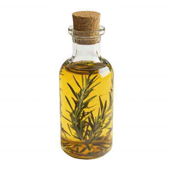 A glass bottle filled with infused herb oil and sprigs of fresh herbs inside. png