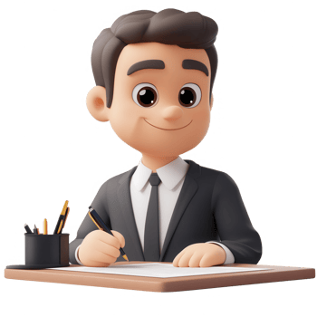 A cheerful character in business attire writing notes at a desk. png