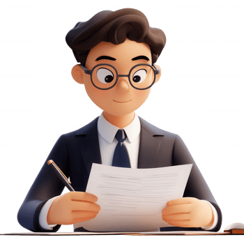 A young man in a suit reviews paperwork with a focused expression at his desk. png