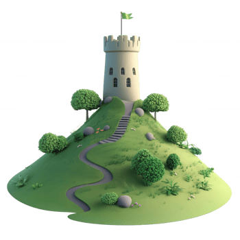 A whimsical castle atop a green hill with trees and a winding path, inviting adventure. png