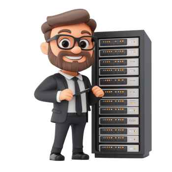 A cheerful cartoon character standing by a server rack in a modern office environment. png