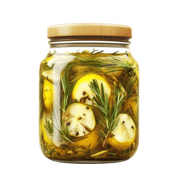 A jar filled with pickled vegetables and fresh herbs, showcasing vibrant colors and textures. png