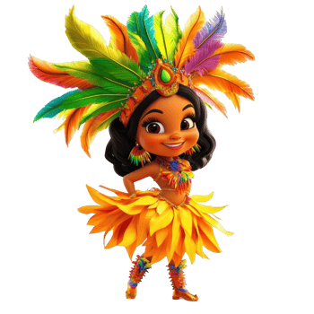 A vibrant animated character in a colorful carnival costume, showcasing joy and celebration. png