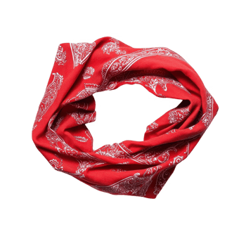A vibrant red bandana displaying intricate white patterns, perfect for stylish outfits. png