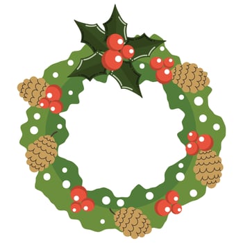 Cute cartoon Merry Christmas wreath with holly berries and pine cones in flat style. vector