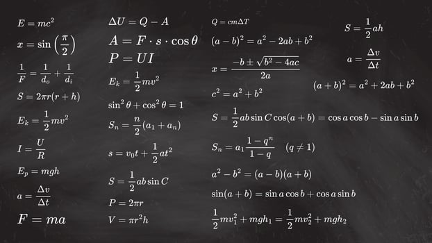 Set of essential math and physics formulas isolated on school blackboard. Key concept in math, physics, mechanics, thermodynamics, and electricity vector