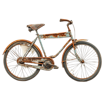 Rustic Bicycle with Light Blue Frame, Rusty Wheels, and Worn-Out Tires png