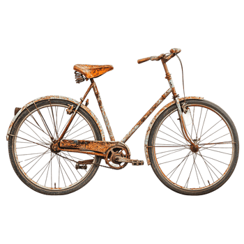 Aged and Rusty Bicycle with Corroded Metal Parts, and Worn Components on Transparent Background png