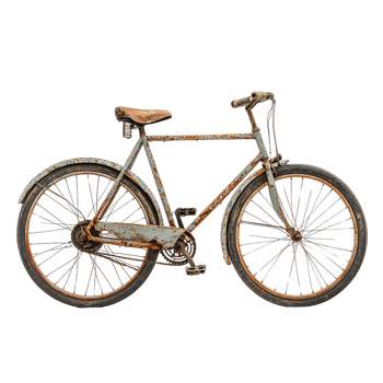 Heavily Rusted Classic Bicycle with Light Blue Frame and Worn Brown Seat png