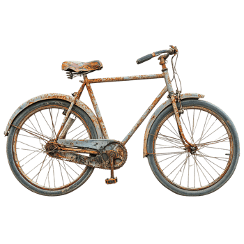 Weathered Bicycle with Rusted Frame, Wheels, and Worn-Out Tires on Transparent Background png