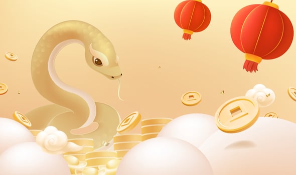 Spring Festival background design there is a golden snake in a pile of gold coins vector