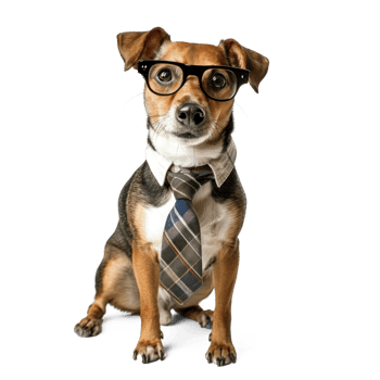 dog wearing glasses and tie, full body standing isolate on transparent background, png